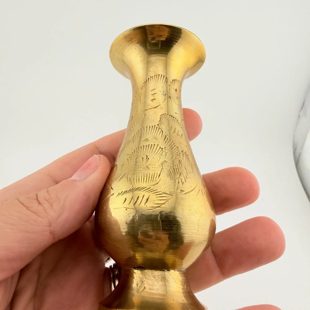 Small Gold Tone Etched Brass Bud Vase Scenic Hand Engraved Decor